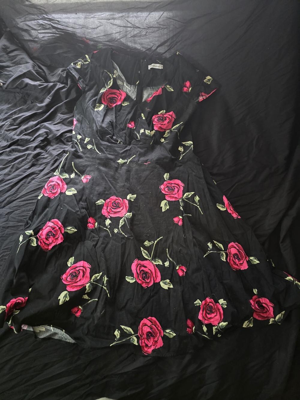 Floral Fit-and-Flare Dress in Black with Pink Rose Print